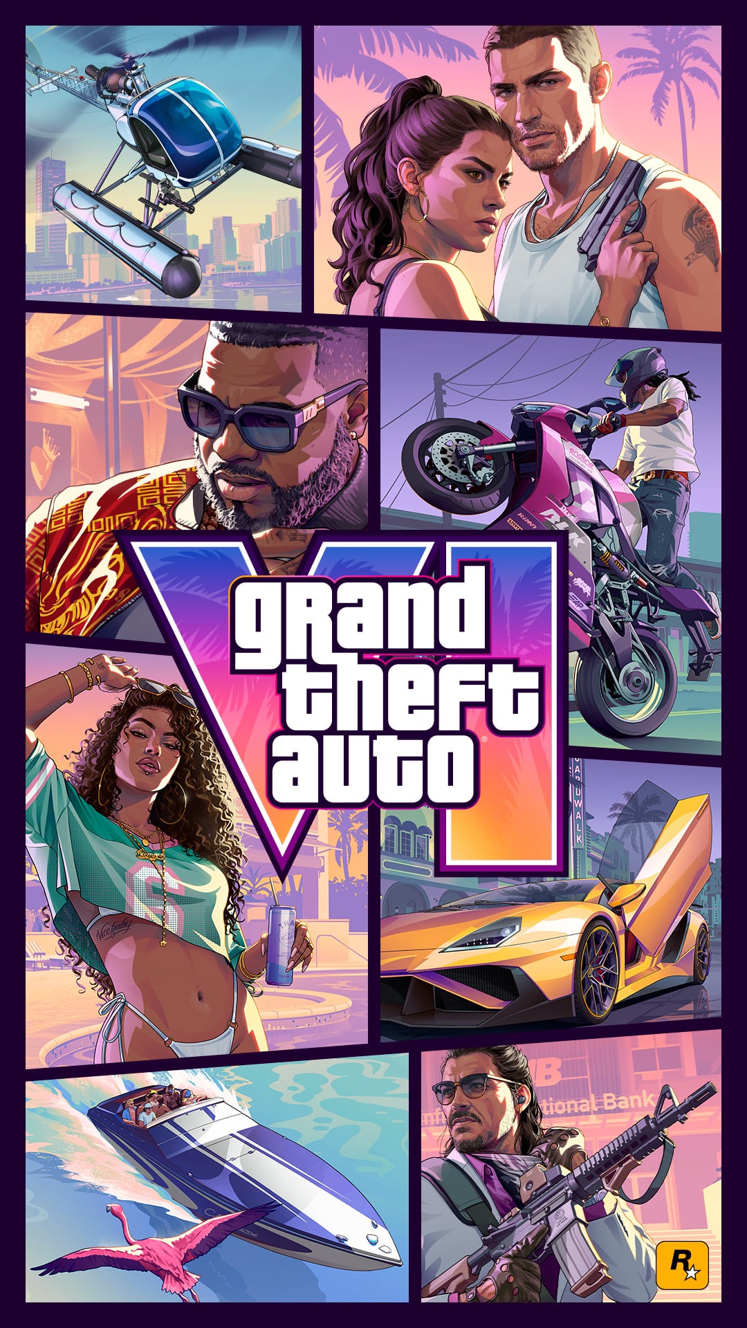 Officiële Grand Theft Auto VI-cover met Jason, Lucia en scènes uit Leonida