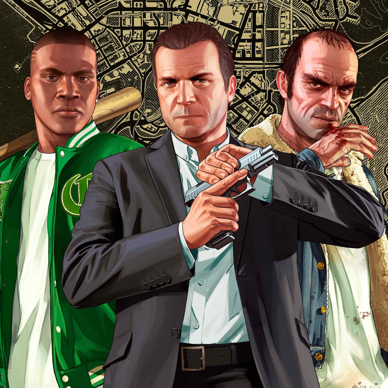 Officieel GTA V-artwork met Franklin, Michael en Trevor