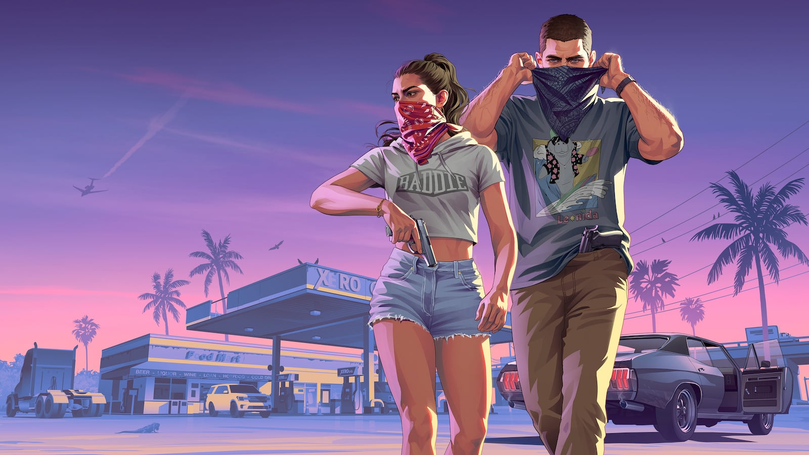 Officieel GTA VI-artwork van Jason en Lucia tijdens een overval
