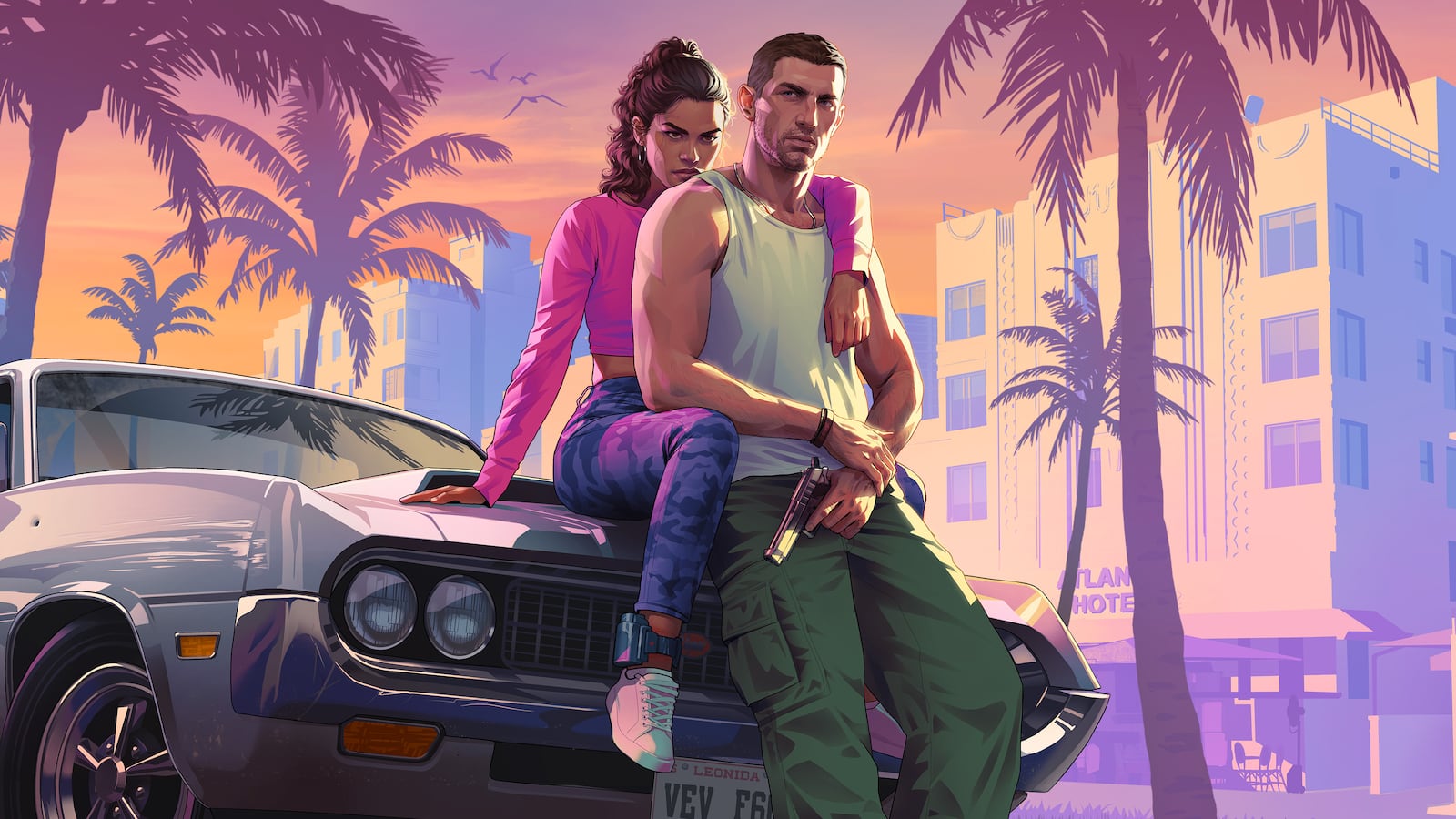 Officieel GTA VI-artwork van Jason en Lucia bij zonsondergang