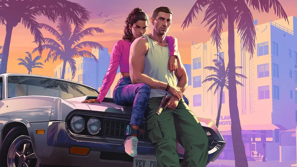 Officieel GTA VI-artwork van Jason en Lucia bij zonsondergang