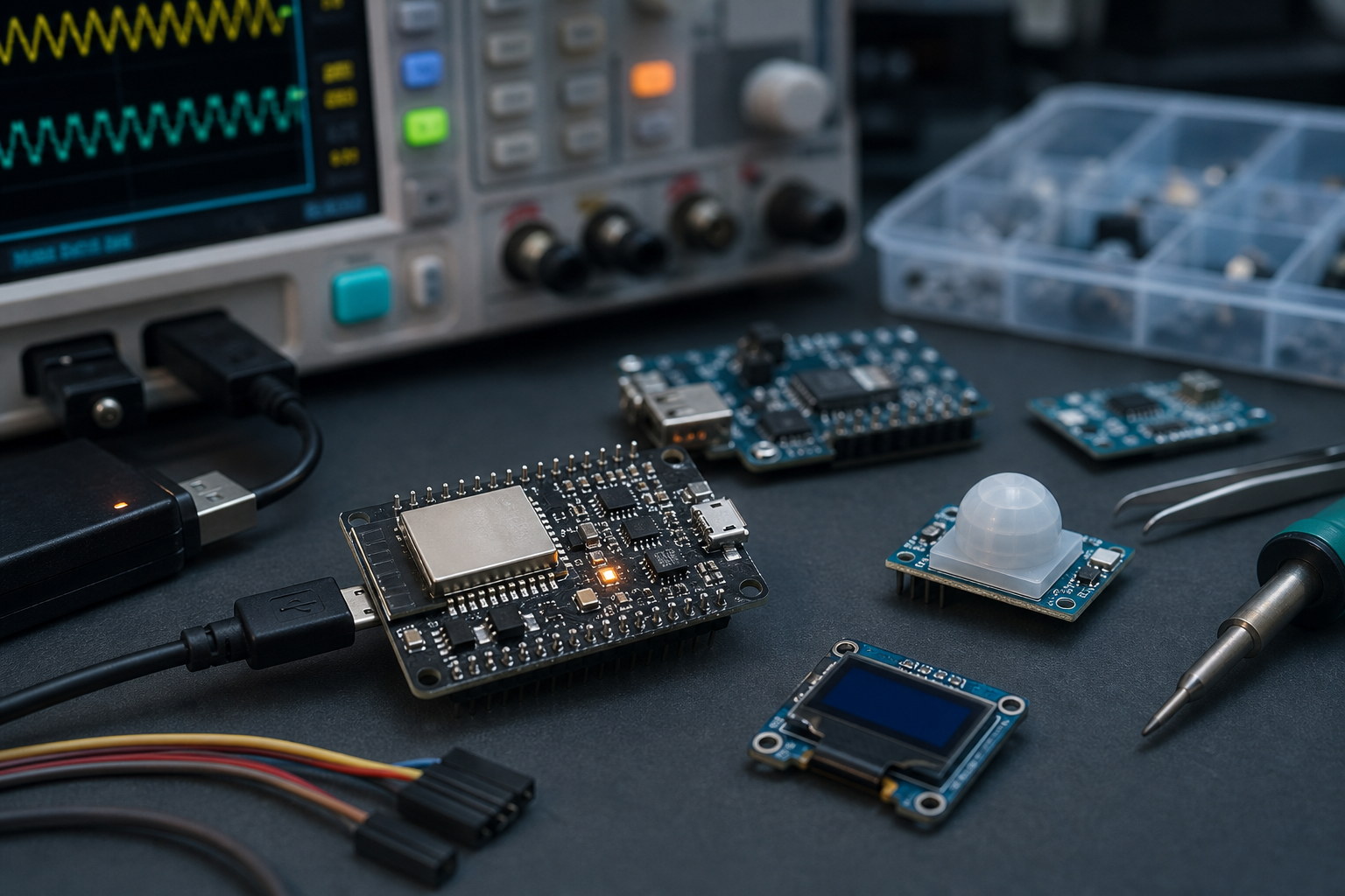 Elektronica en microcontrollers op een werkbank